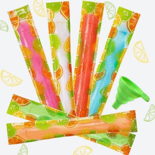 200 Pack Popsicle Bags, Lemon Pattern Ice Pop Bags, 11X2'' Freeze Pop Bags for Kids Adults, Popsicle Molds Bags with Silicone Funnel for DIY Yogurt Tubes, Fruit Smoothies and Summer Ice Party Favors