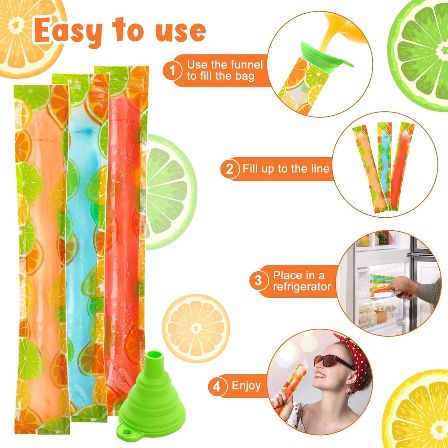 200 Pack Popsicle Bags, Lemon Pattern Ice Pop Bags, 11X2'' Freeze Pop Bags for Kids Adults, Popsicle Molds Bags with Silicone Funnel for DIY Yogurt Tubes, Fruit Smoothies and Summer Ice Party Favors