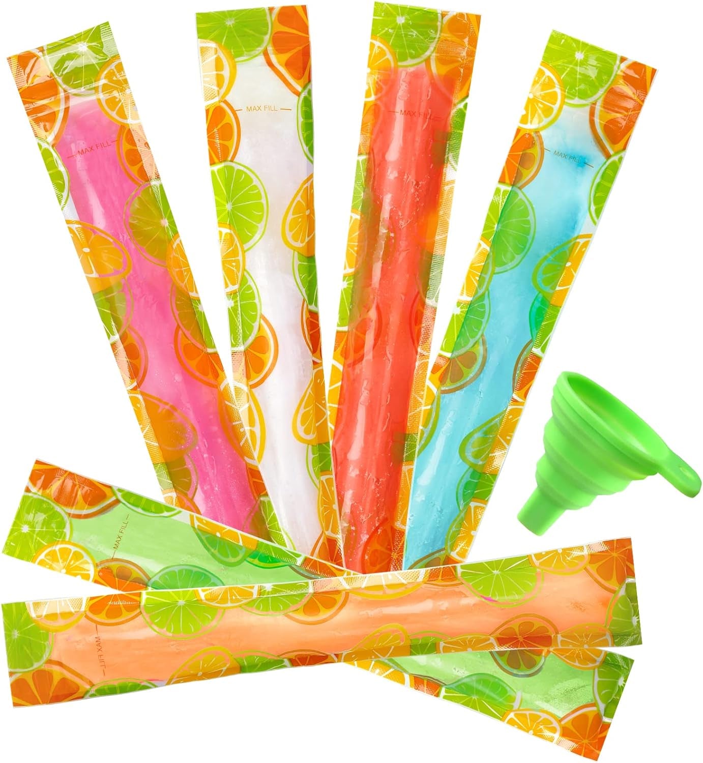 200 Pack Popsicle Bags, Lemon Pattern Ice Pop Bags, 11X2'' Freeze Pop Bags for Kids Adults, Popsicle Molds Bags with Silicone Funnel for DIY Yogurt Tubes, Fruit Smoothies and Summer Ice Party Favors